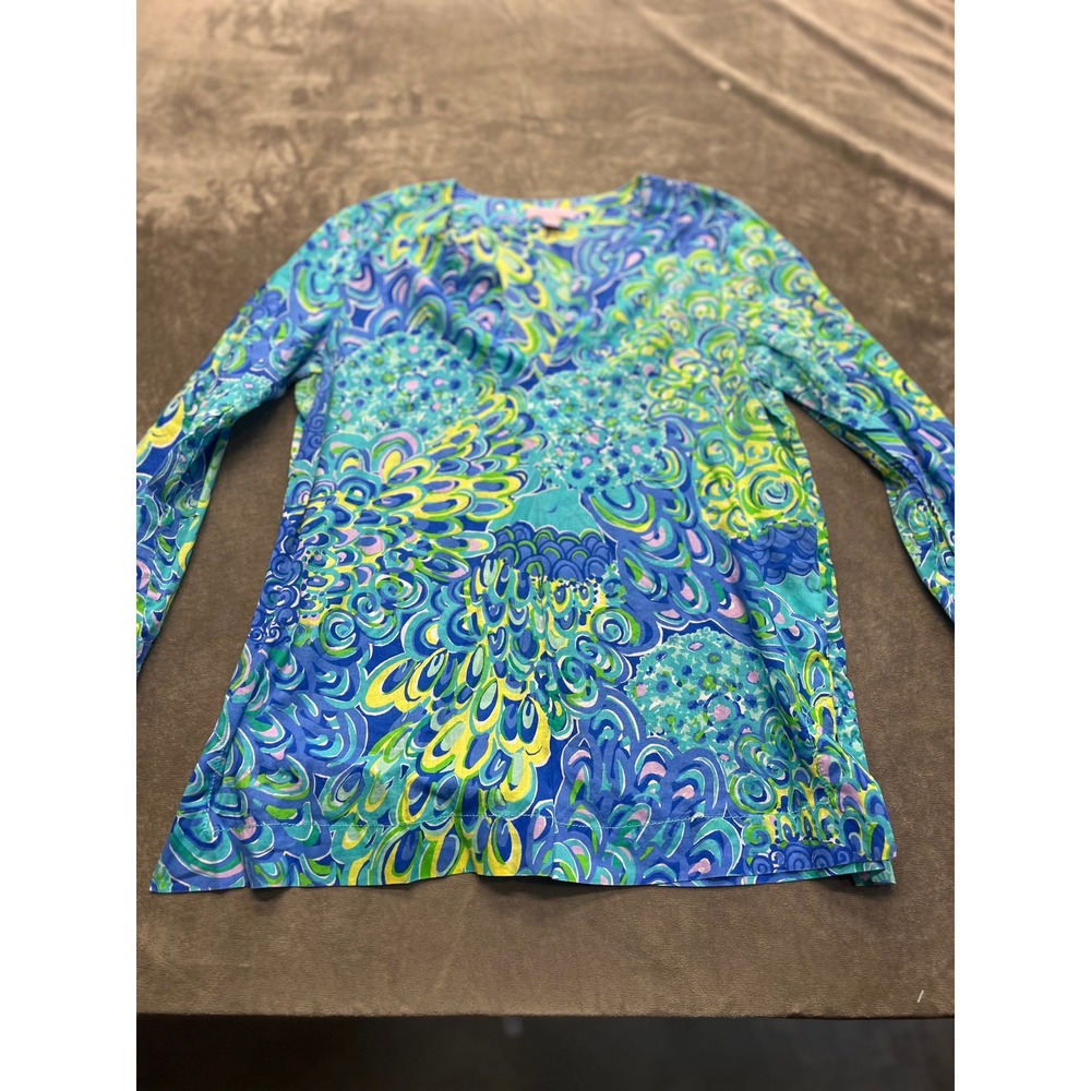Lilly Pulitzer Blue Green Psychedelic Floral V-Neck Tunic Top Mens Size M